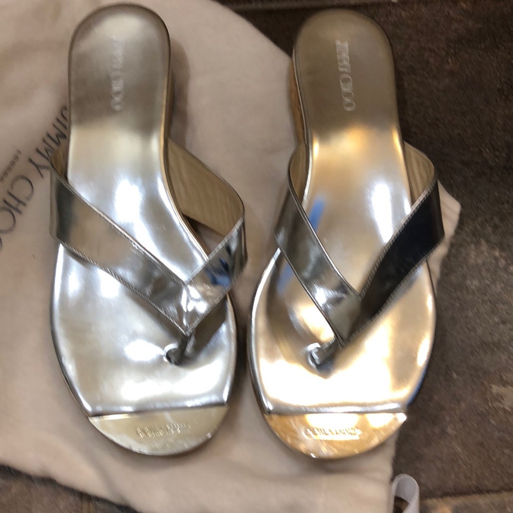 Jimmy Choo silver thong wedges